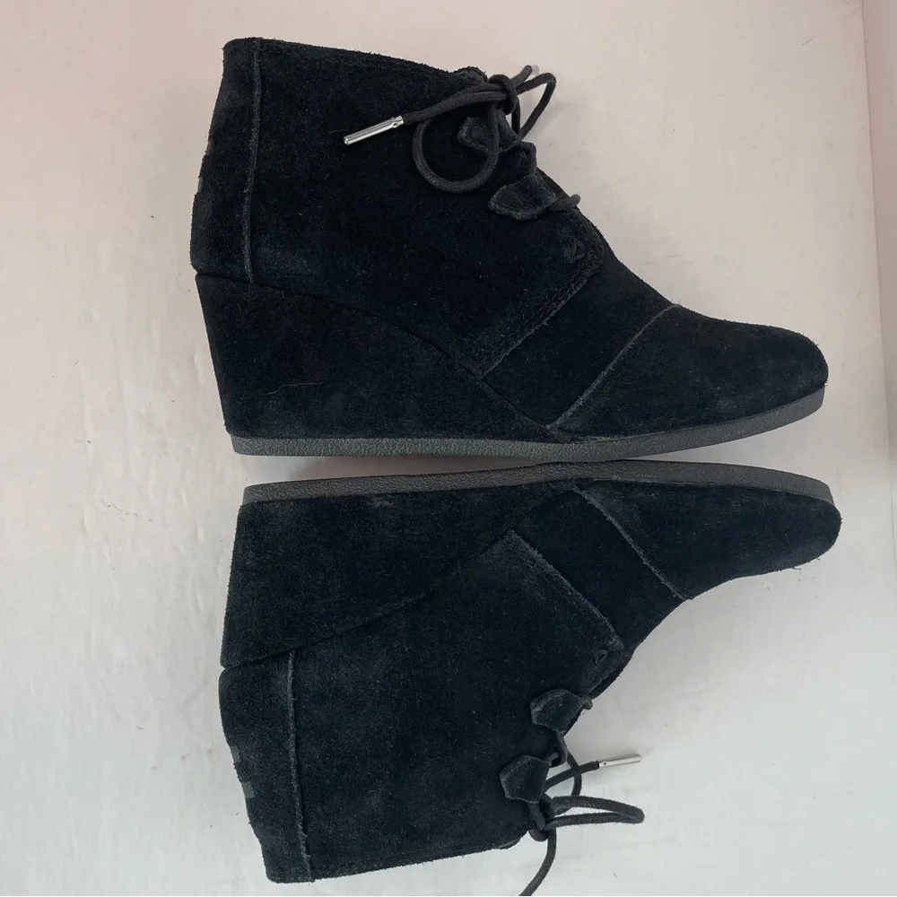 Toms Kala Black Leather‎ Suede Wedge Ankle Booties Round Toe BOHO